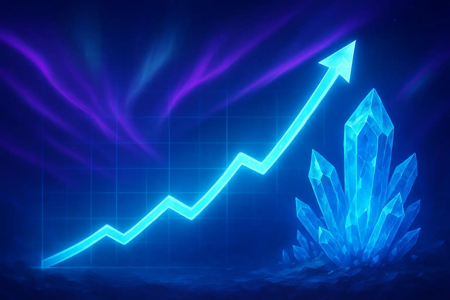 Glowing ice multiplier chart climbing upward against a sapphire backdrop