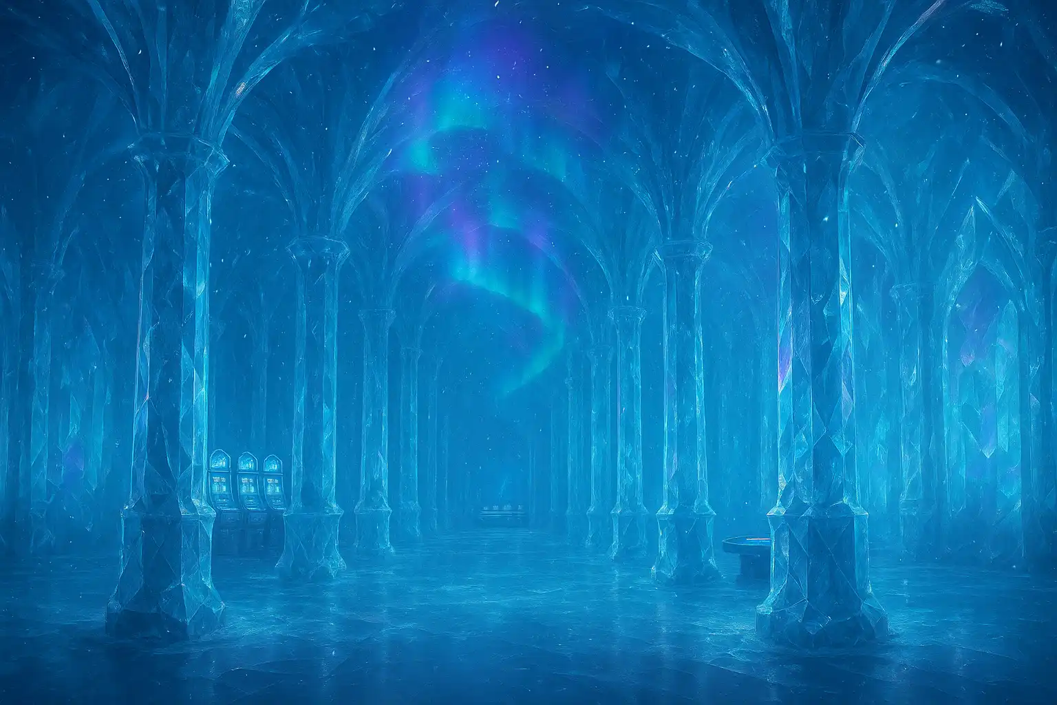 Frozen crystal citadel casino hall glowing with aurora light